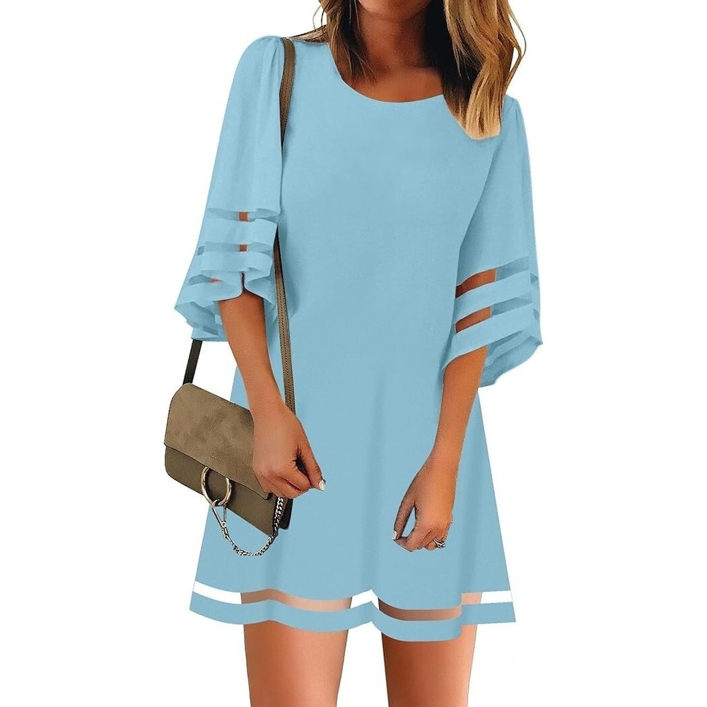 LookbookStore Women Casual Crewneck MeshPanel 3/4 BellSleeve Loose Tunic Dress L